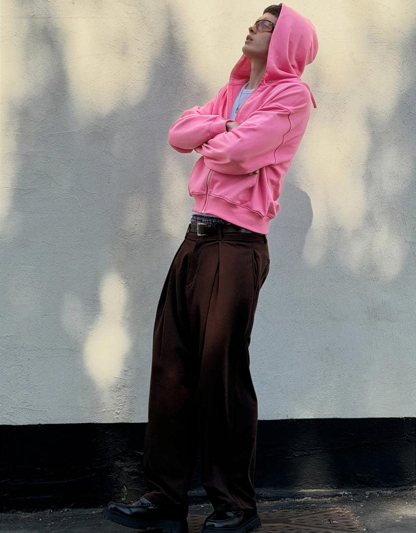 Fermuarlı kapüşonlu sweatshirt-Pembe
