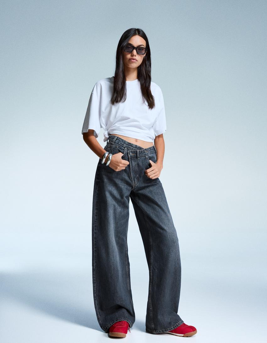 Jeans mit weitem Bein und überkreuzter Taille-Blau-1