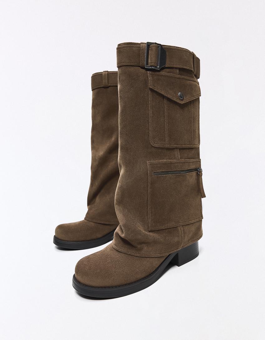 Flat boot with pant pockets-Brown