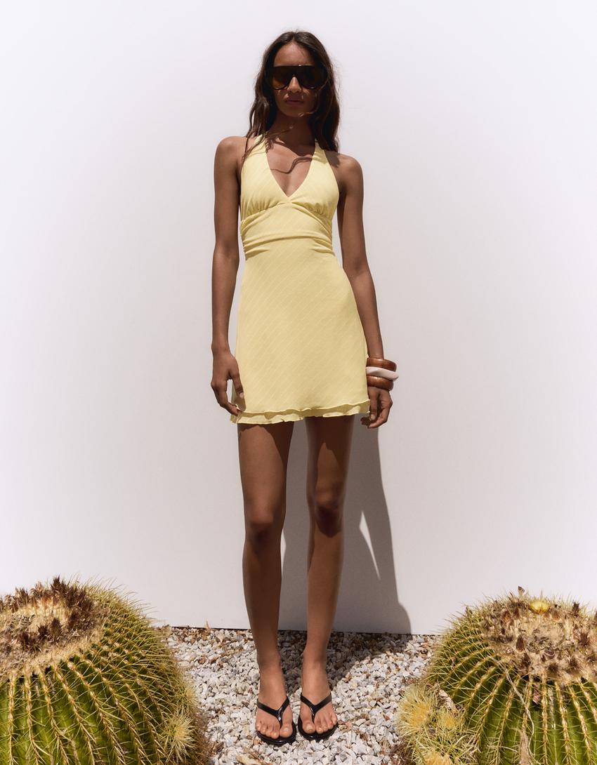 Robe mini encolure américaine à rayures-Jaune