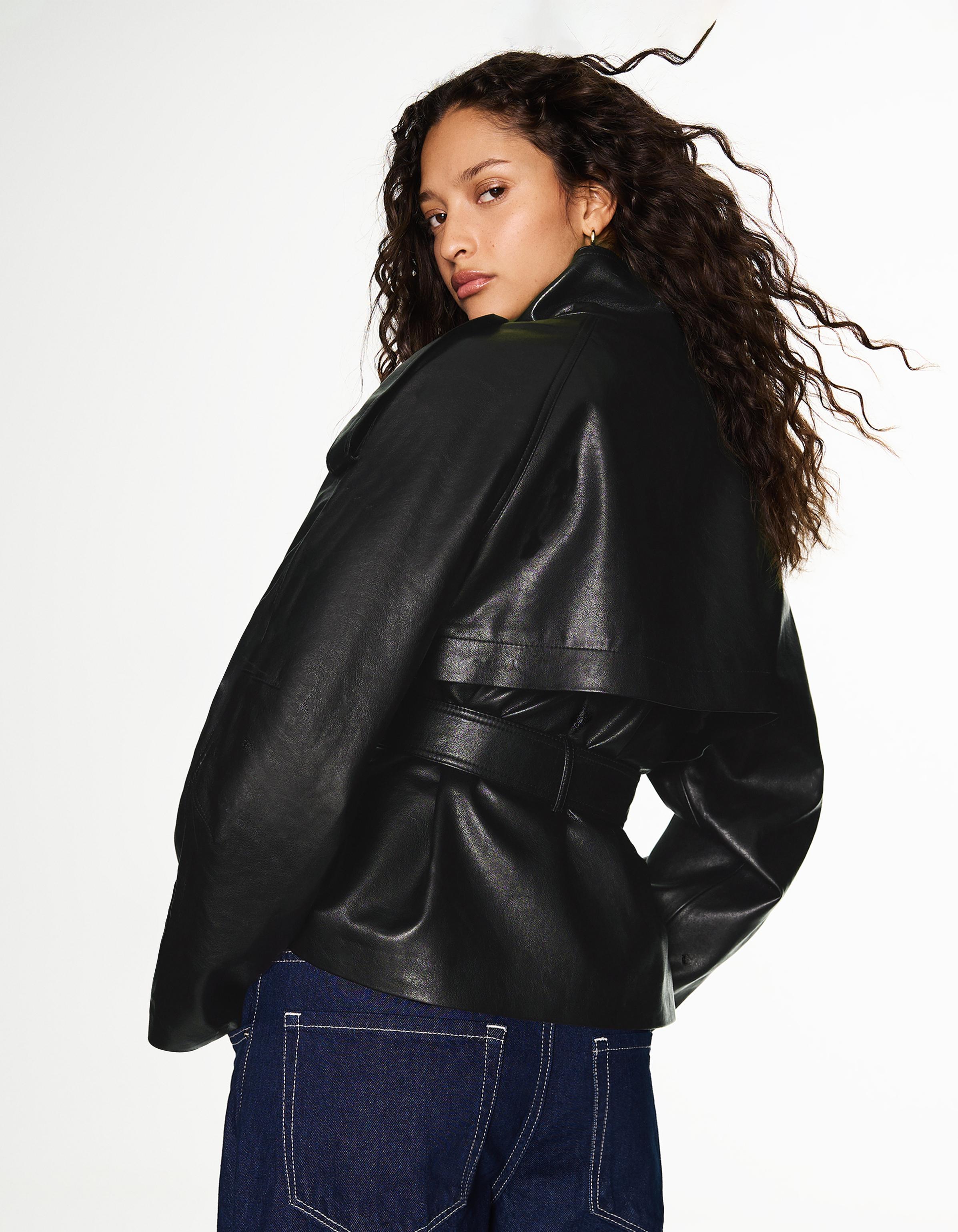 Short leather effect trench jacket — Black