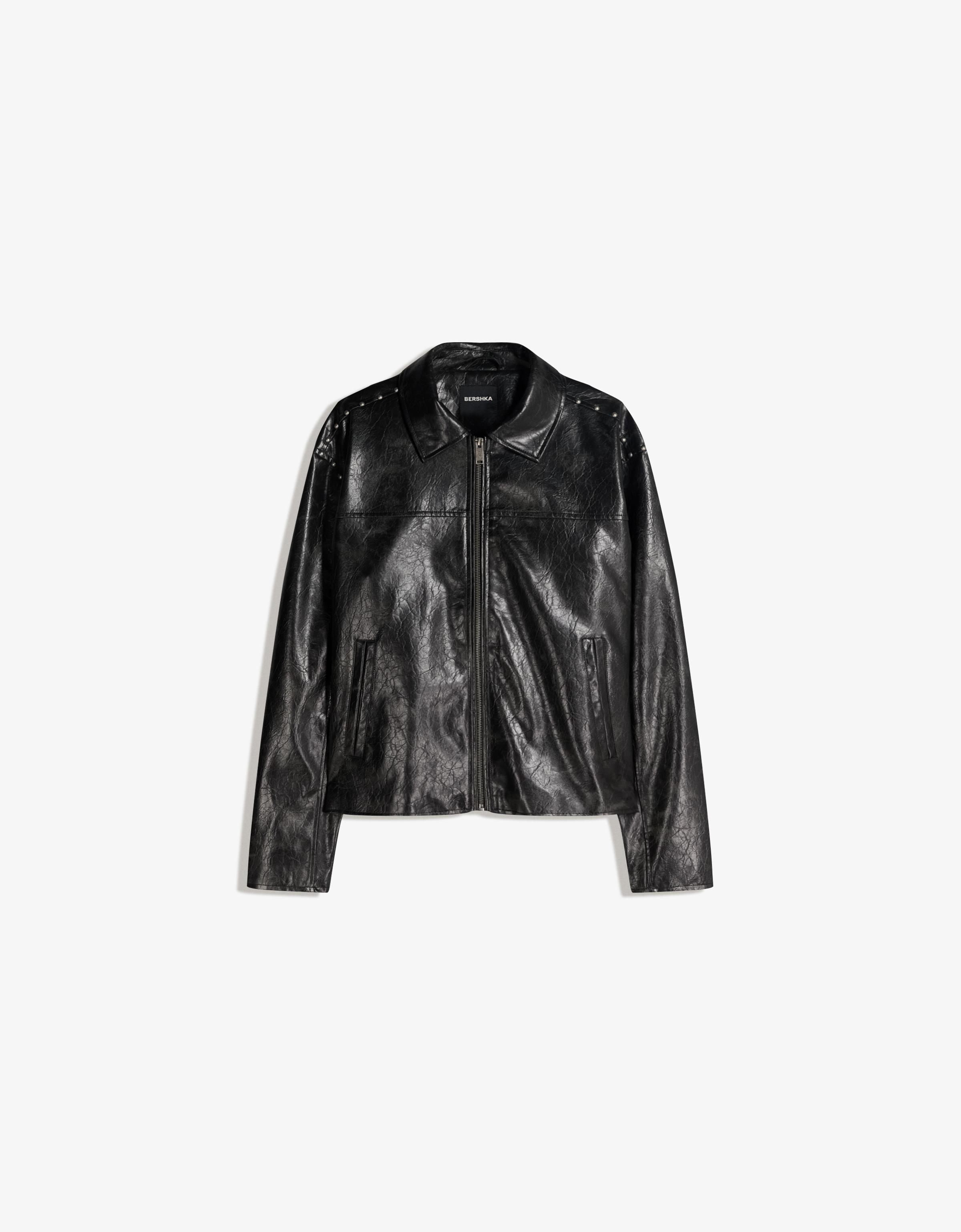 Bershka Kunstlederjacke Mit Nieten Herren S Schwarz