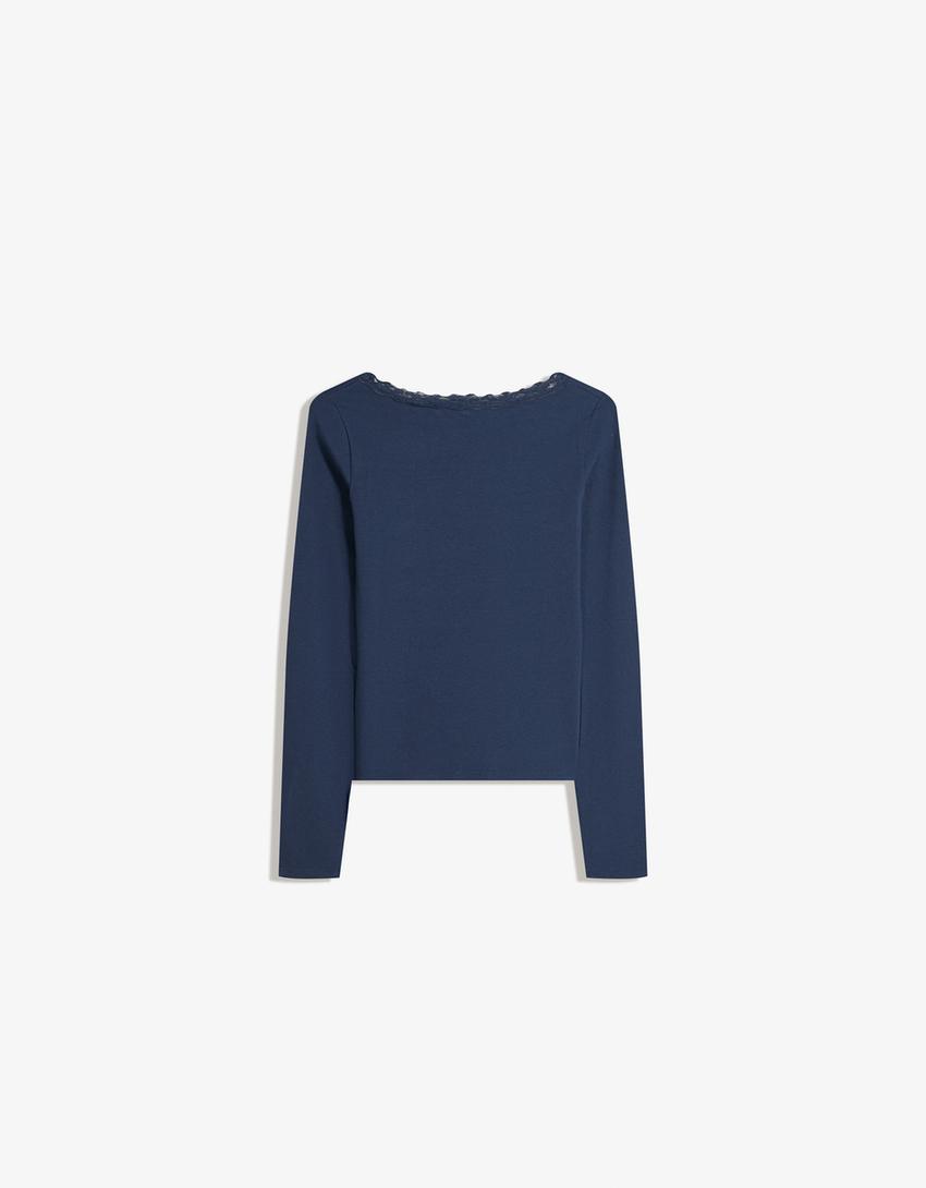 Long sleeve lace T-shirt-Navy