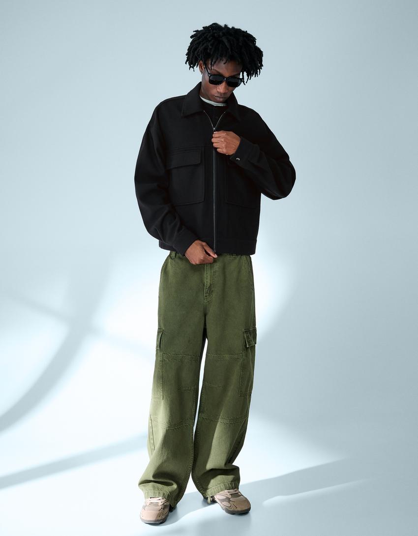 Boxy flannel zip overshirt-Black