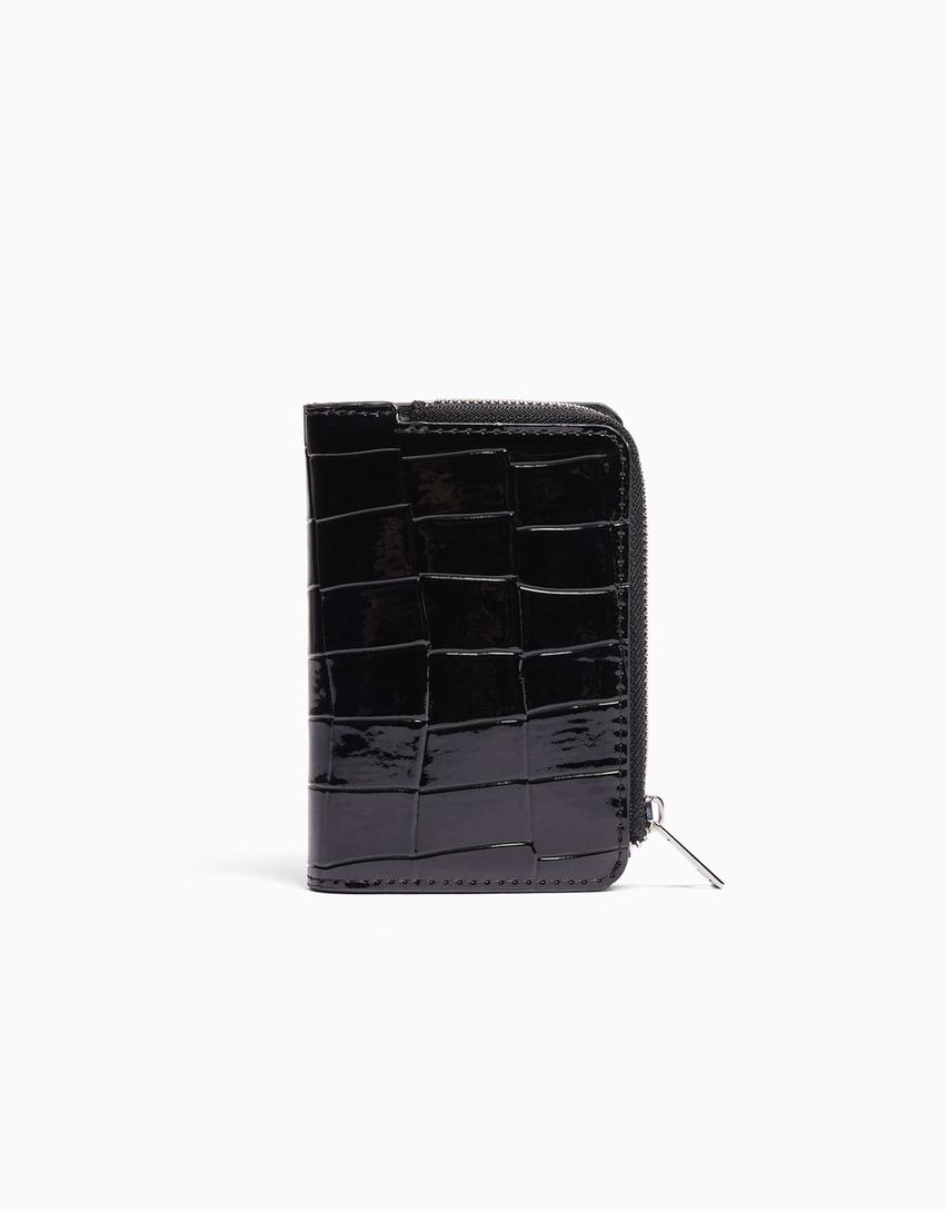 Porta-moedas efeito de acabamento brilhante animal print-Preto