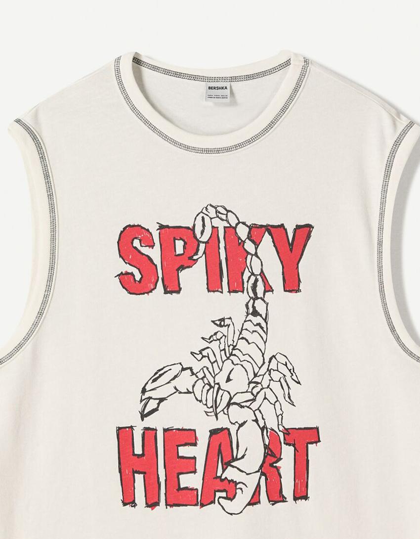 Sleeveless slub effect printed T-shirt-Off white-2