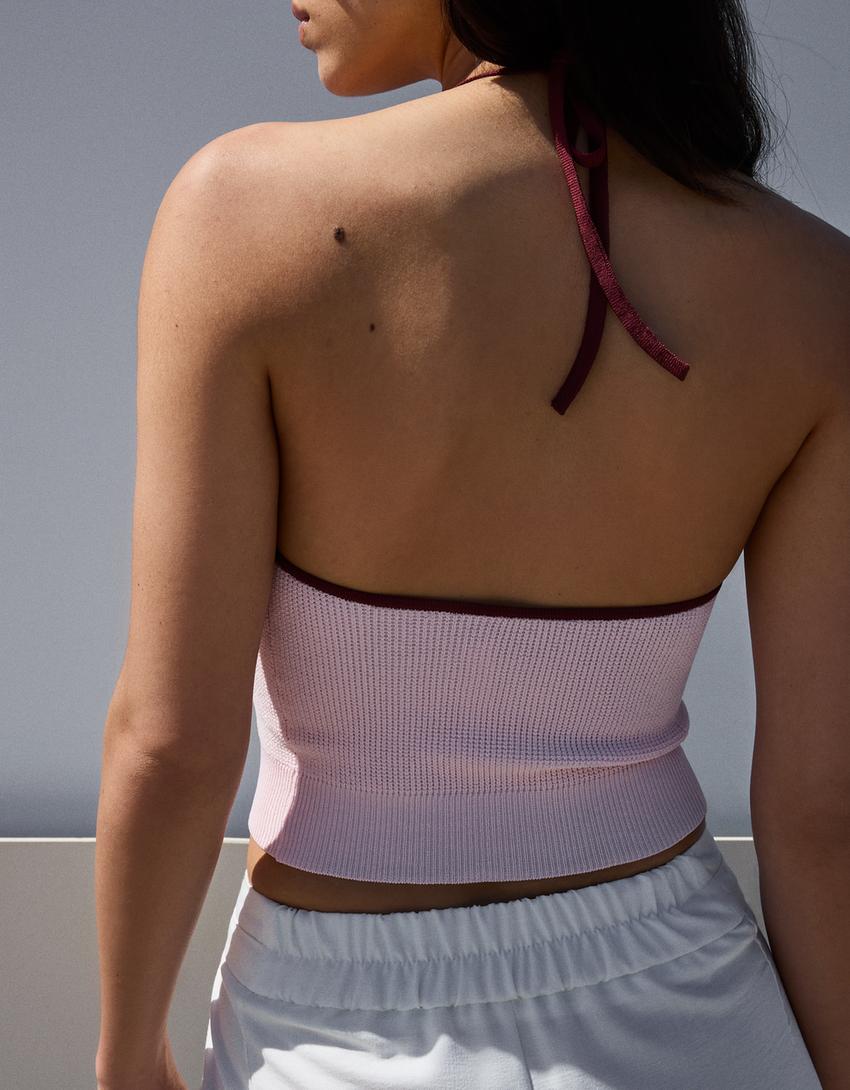 Top med halterneck og kontrast-Pink-1