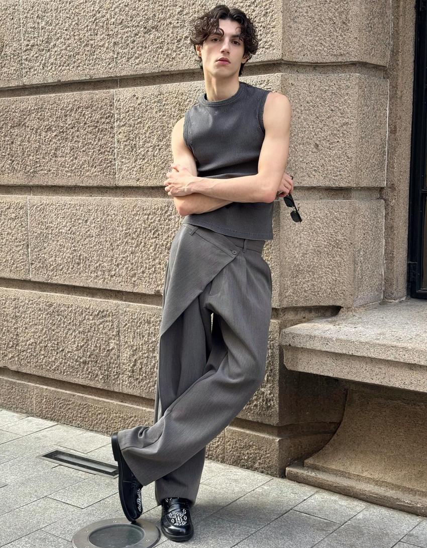 Pantalón tailoring cintura cruzada-Gris oscuro