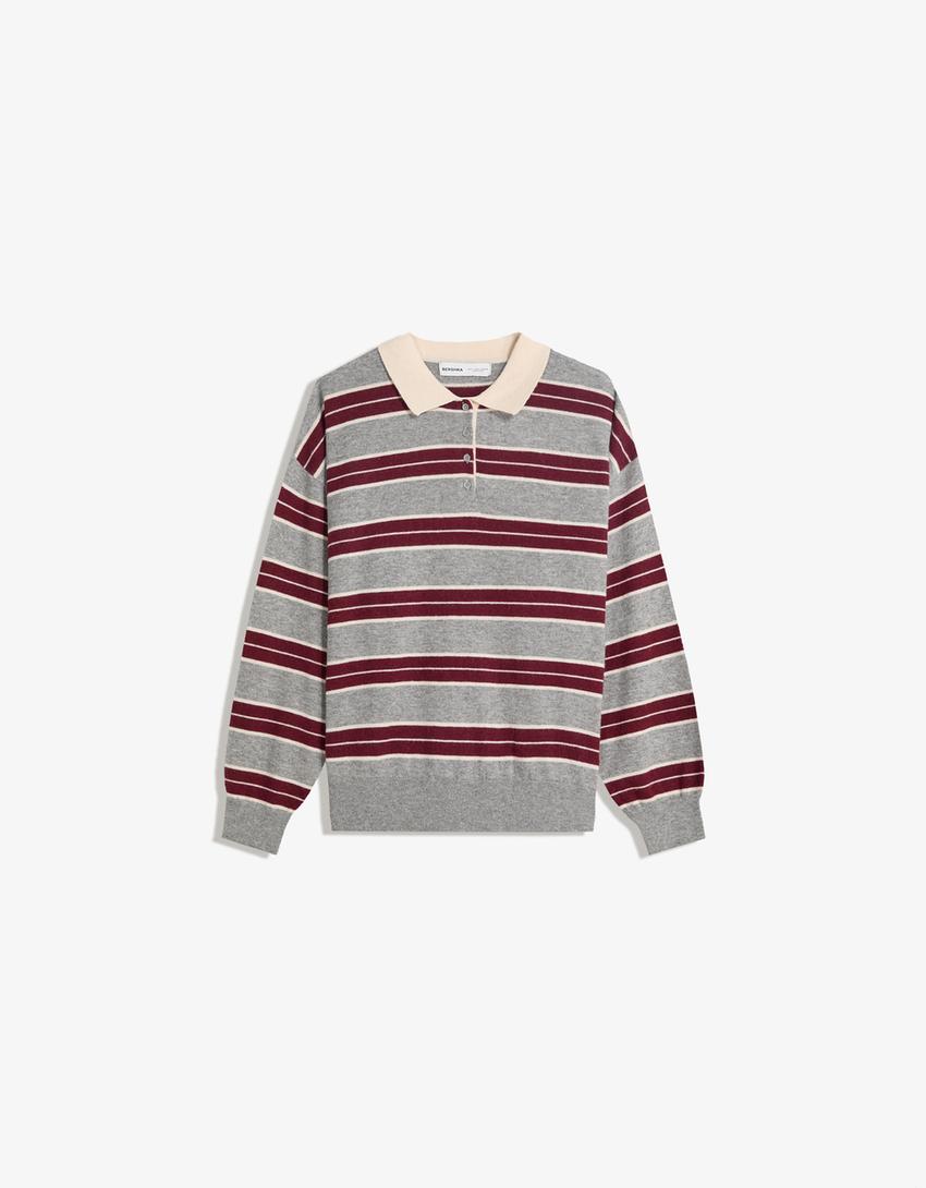 Stickad tröja med polokrage-Vinröd-0