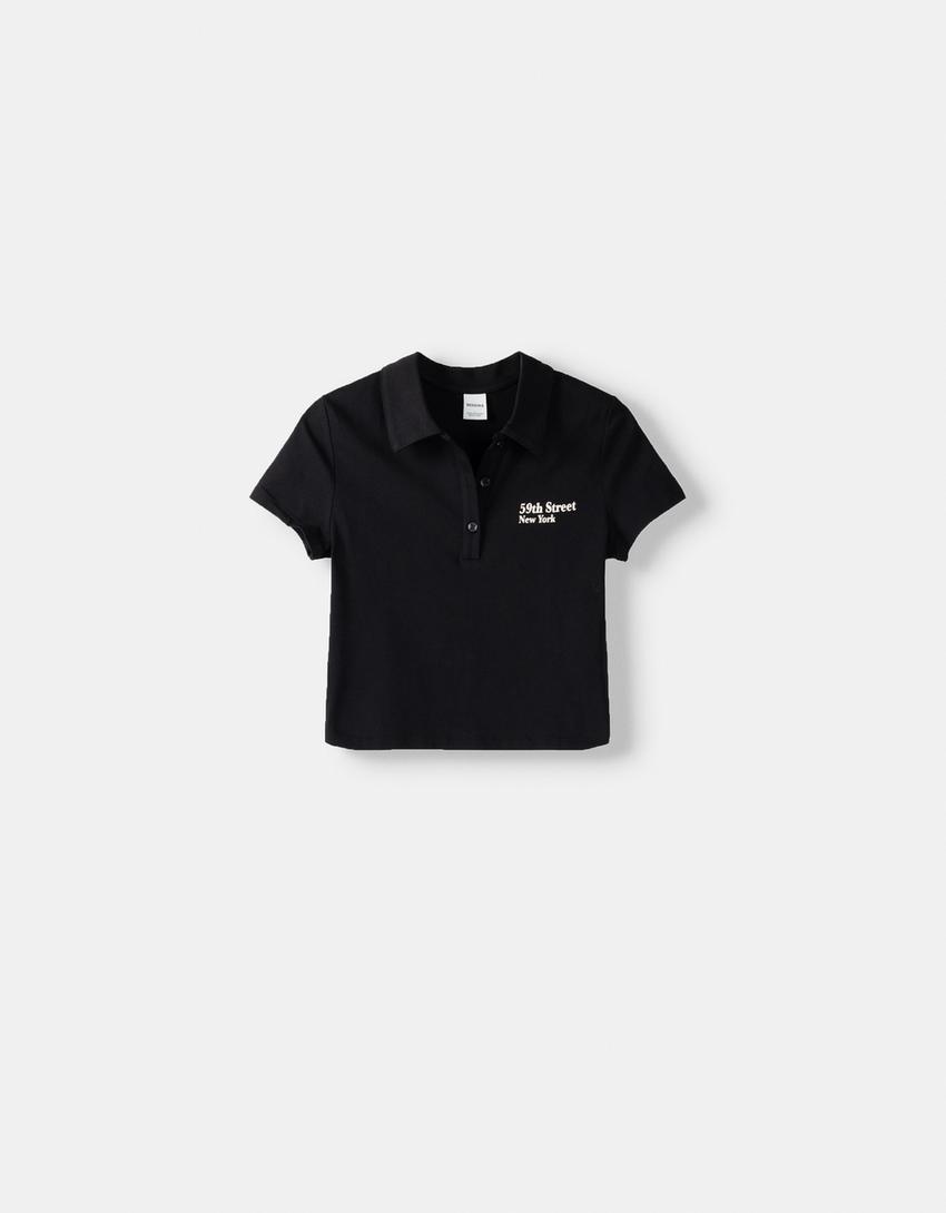 Printed short sleeve T-shirt with a polo collar-Black