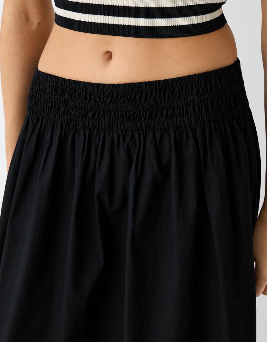 Poplin midi skirt with elastic waistband-Black-6