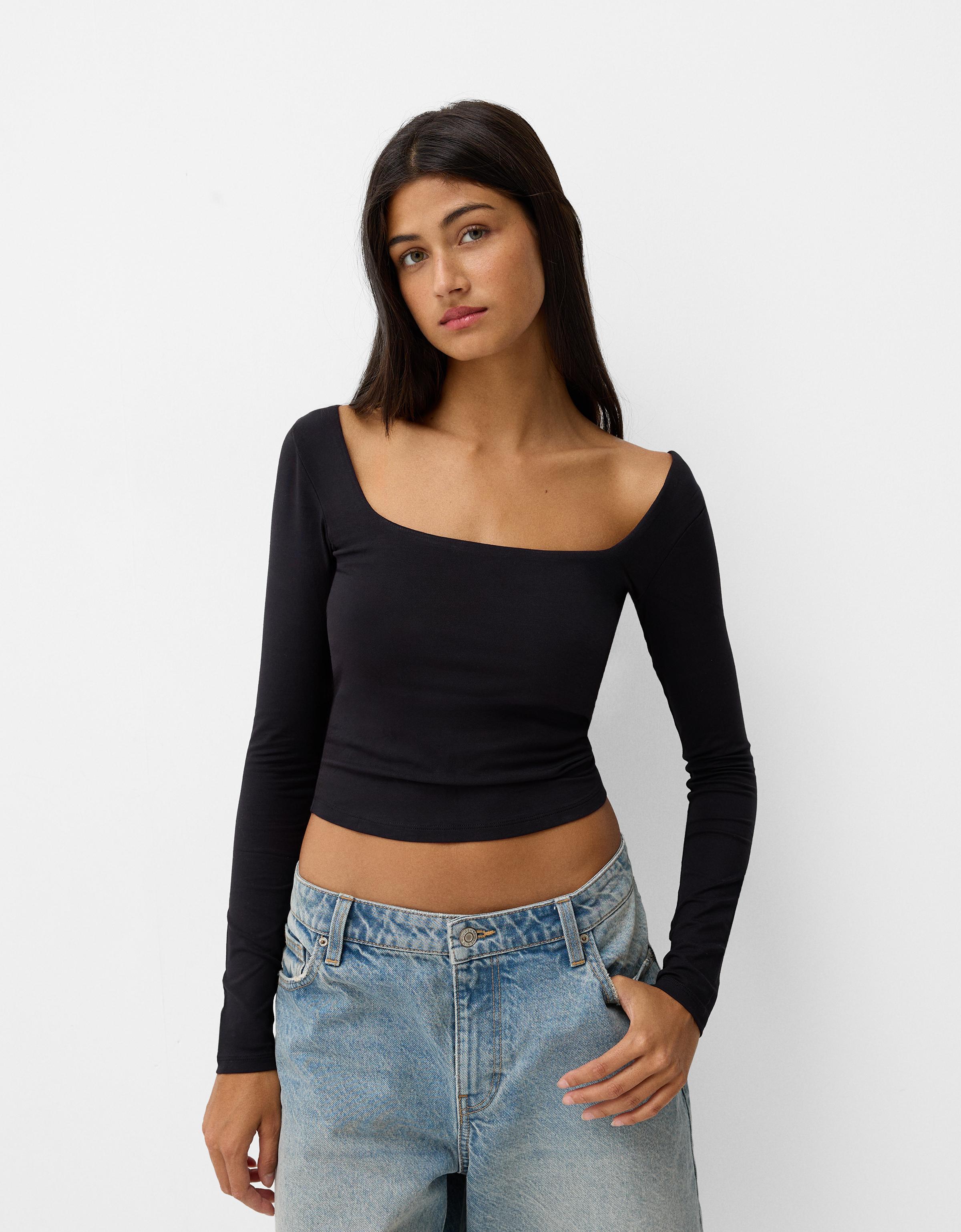 Bershka Shirt Mit Langen Ärmeln Und Kastenausschnitt Damen L Schwarz