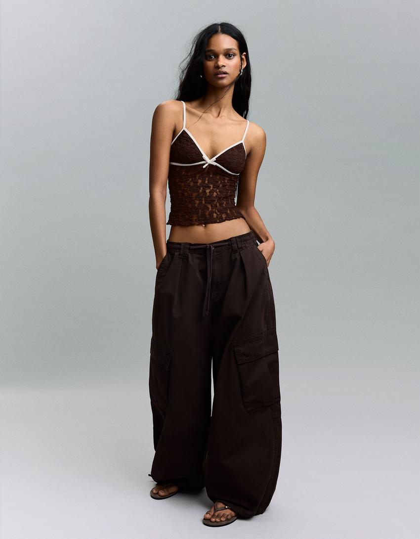 Lace bow strappy top-Brown