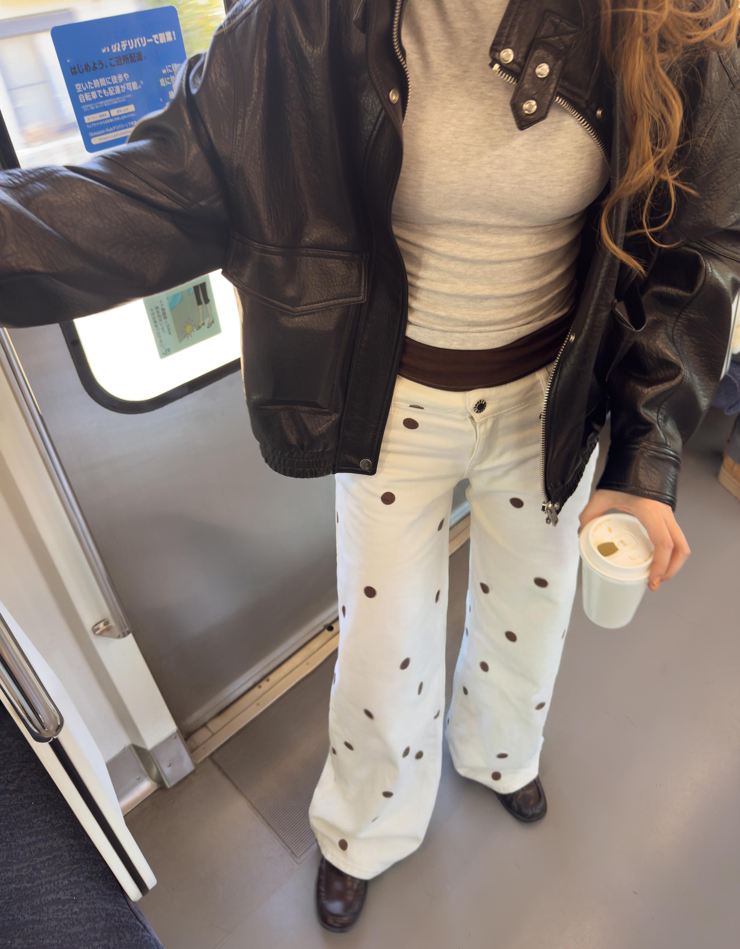 Puantiye desenli geniş paça jean - Görsel 14