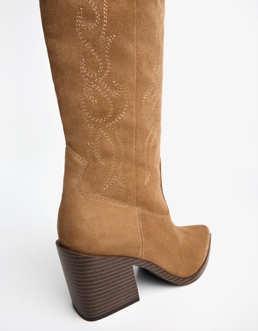 Embroidered high-heel cowboy boots-SAND