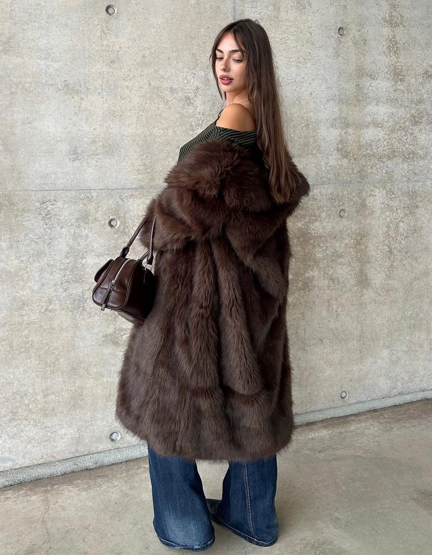 Manteau long fausse fourrure-Marron