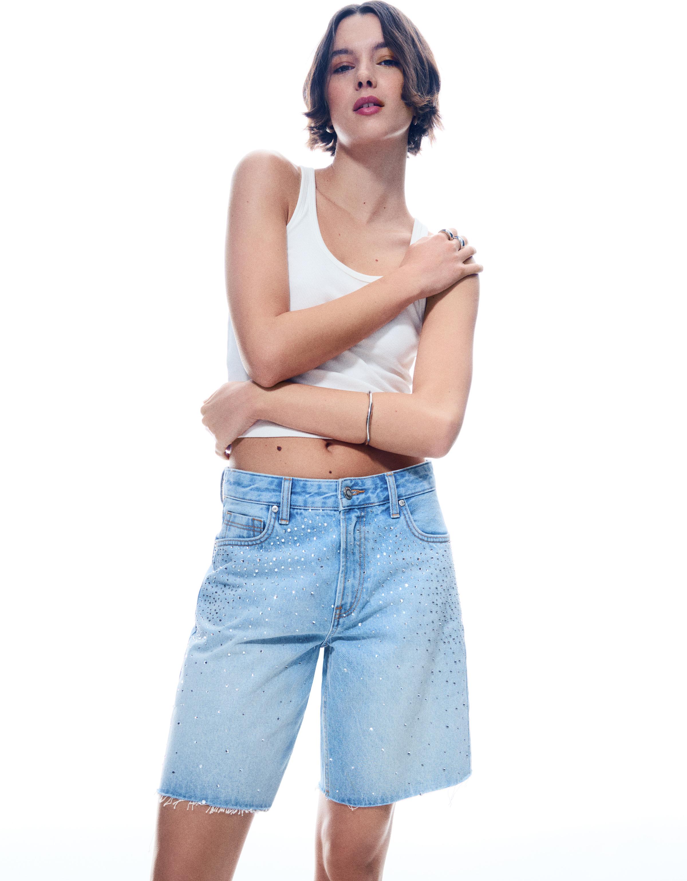 Bershka Jeans-Bermudas Mit Glitzer Damen 40 Ausgewaschenes Blau