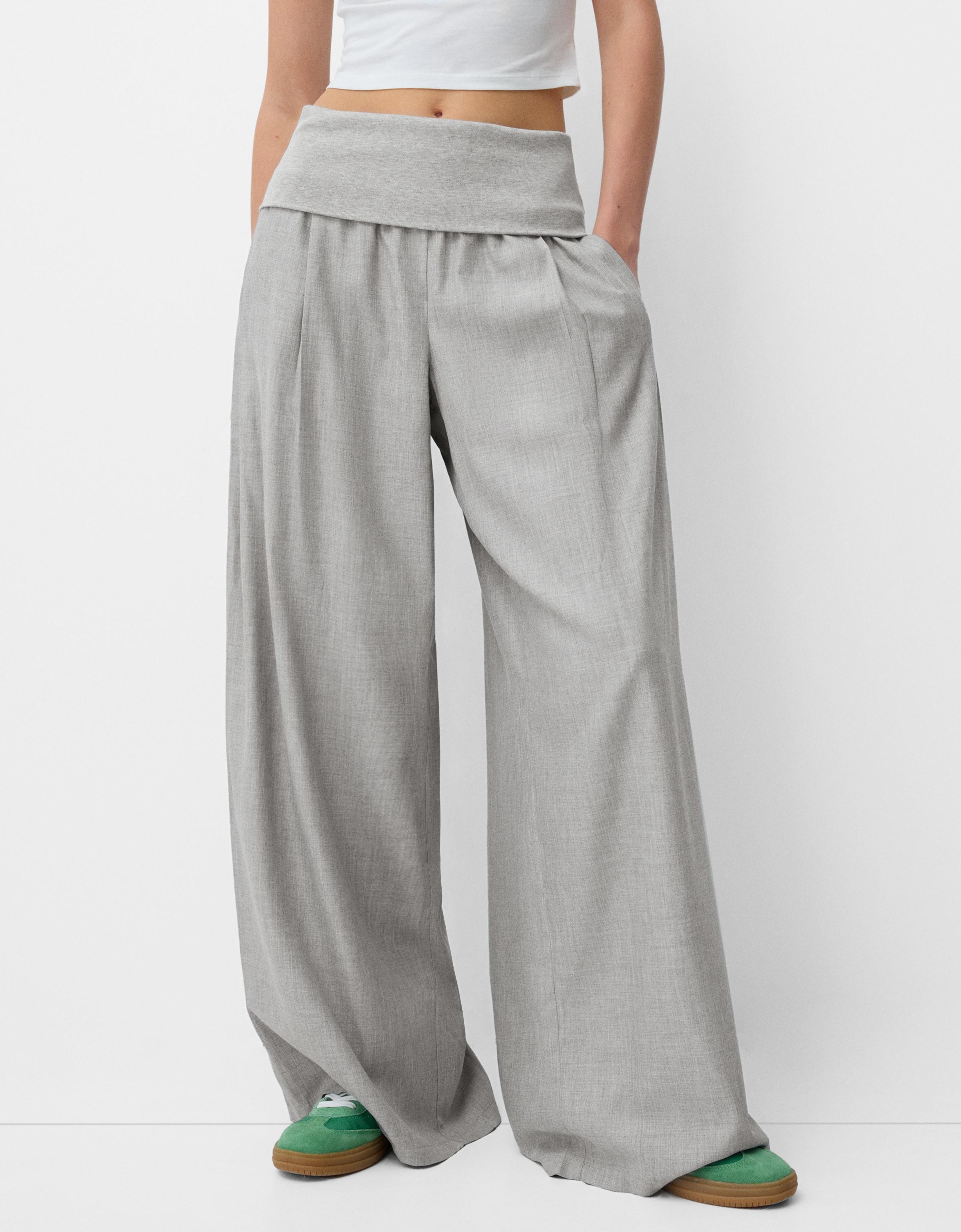 Bershka Wide-Leg-Hose Mit Umgeschlagenem Bund Damen Xl Grau