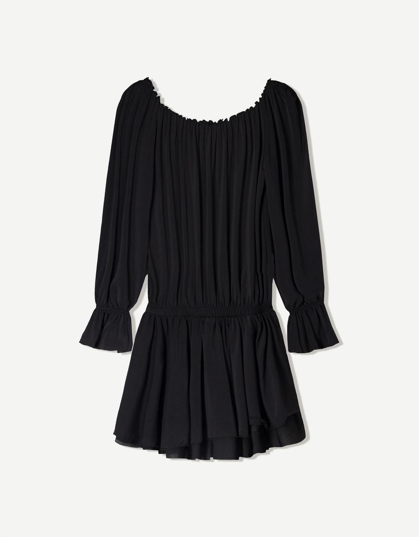 Vestido manga larga mini boho-Negro-5