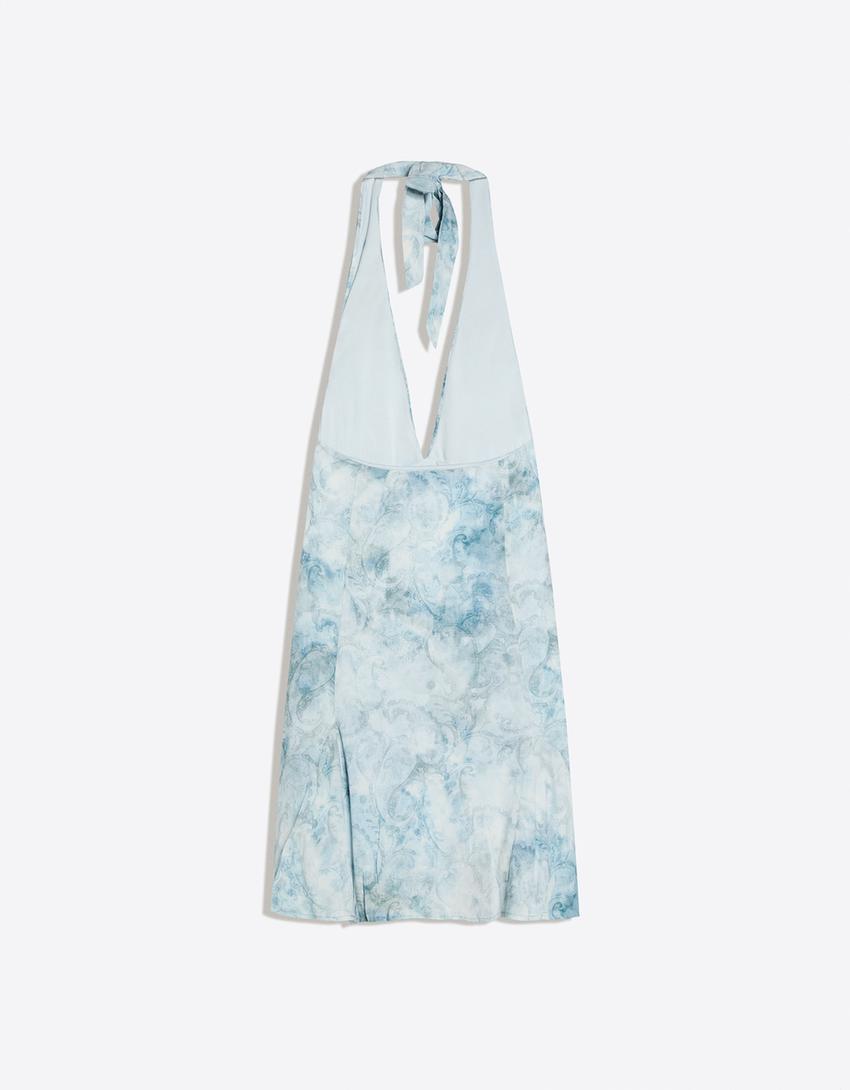 Printed halter mini dress-Blue