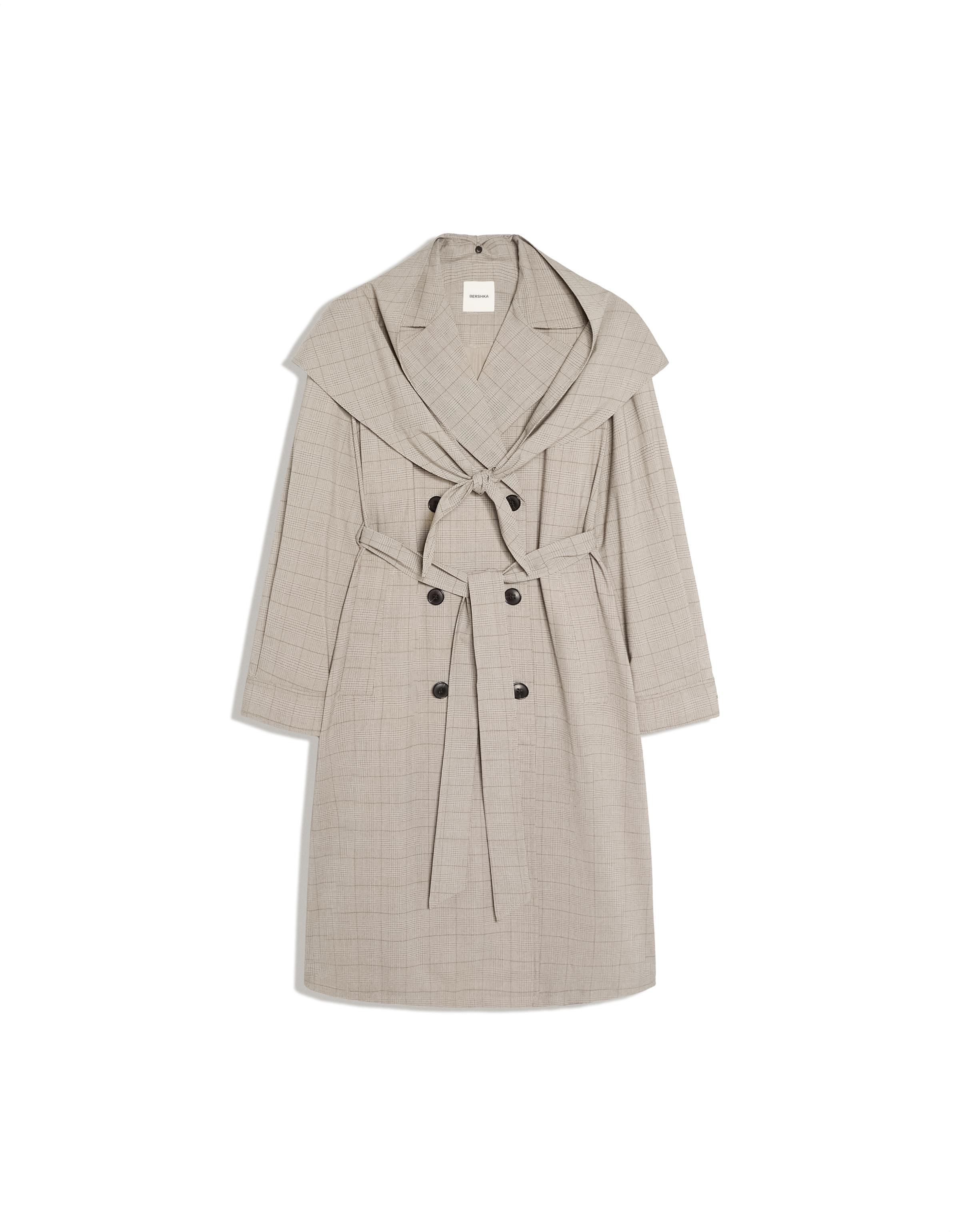 Long check scarf trench coat — Dark grey