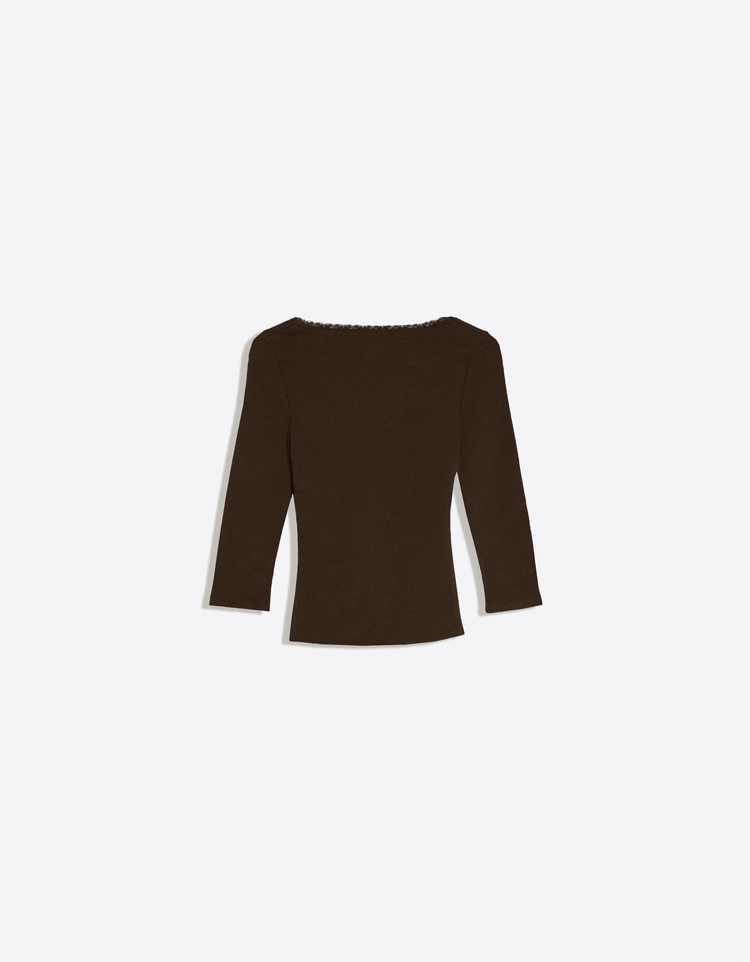 Lace V-neck long sleeve T-shirt — Brown