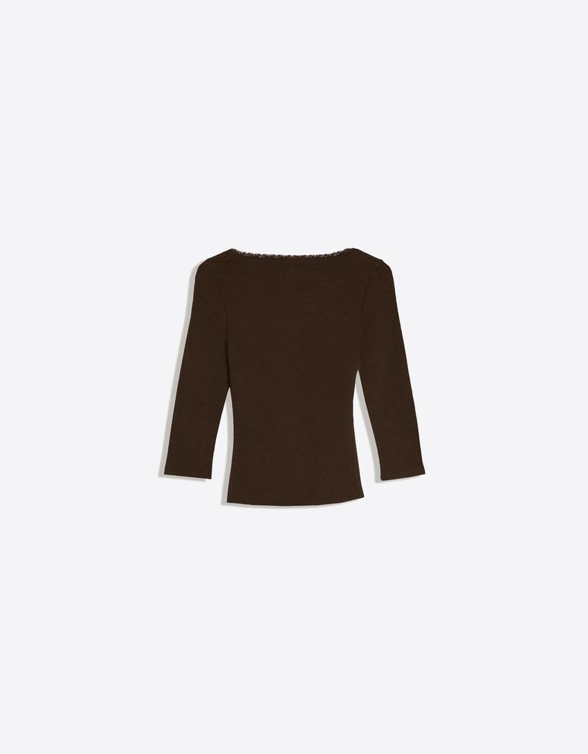 Maglietta maniche lunghe scollo a V pizzo-Marrone
