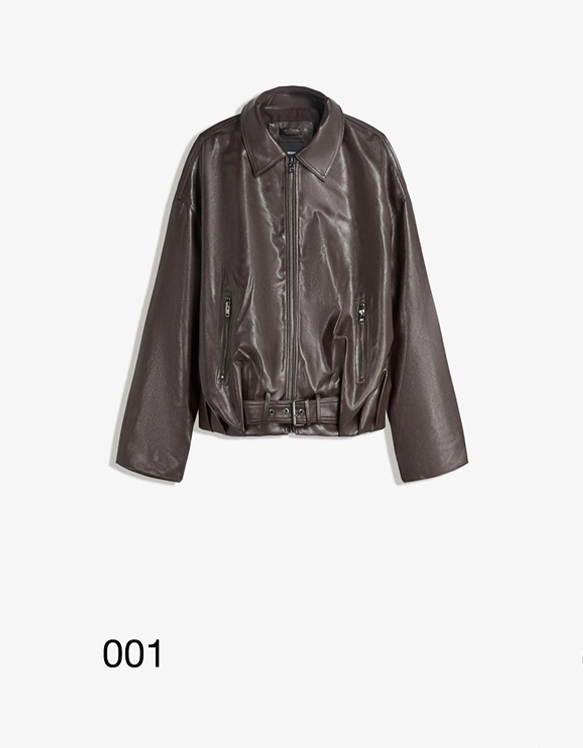 Leather effect bomber jacket with belt — Brown