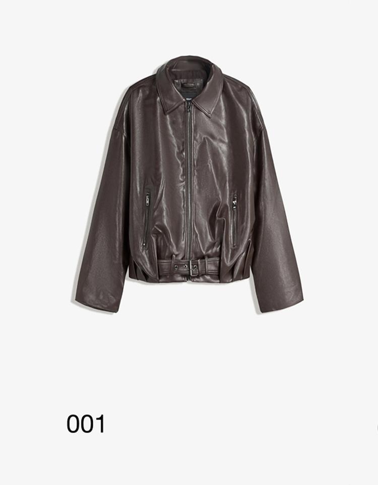Faux leather bomber jacket with belt
