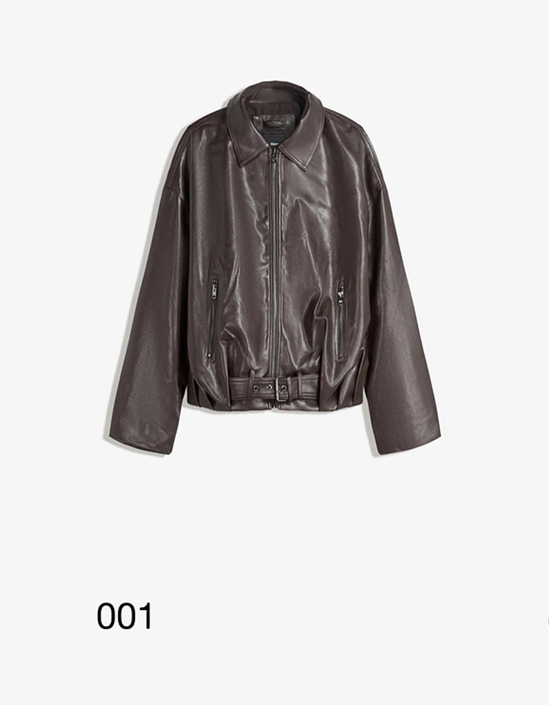 Faux leather bomber jacket with belt