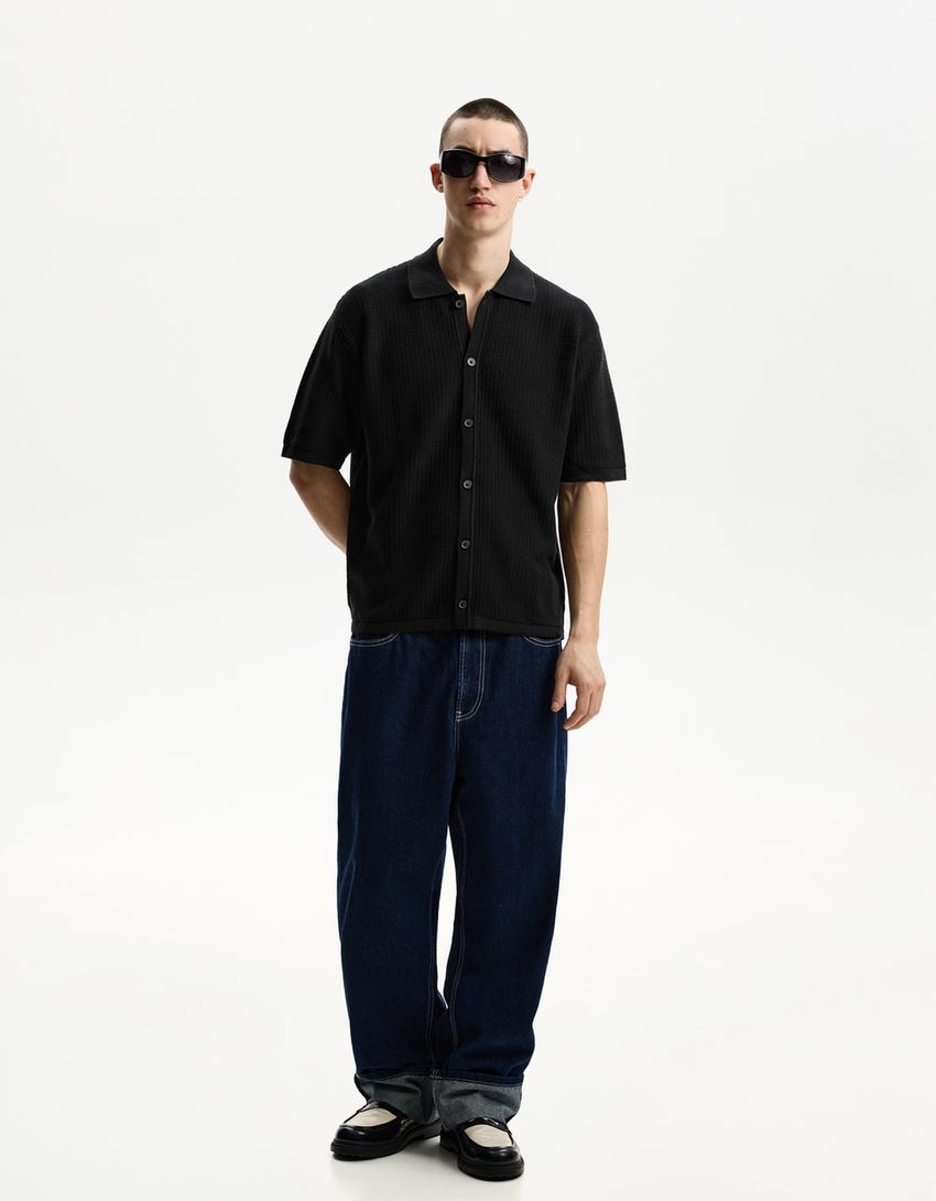 Camicia a maniche corte struttura-Nero
