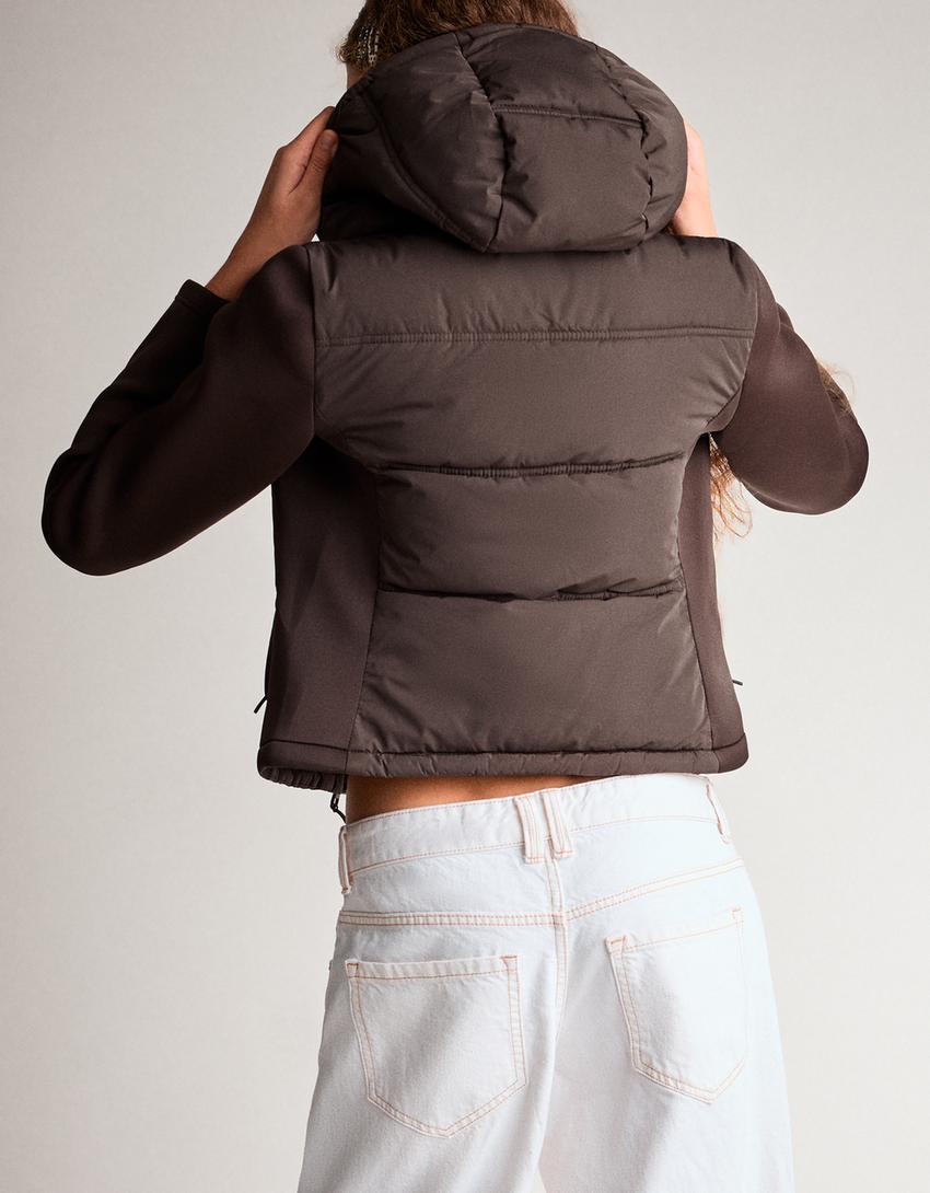 جاكيت بغطاء رأس مدمج بتأثير النيوبرين-بني