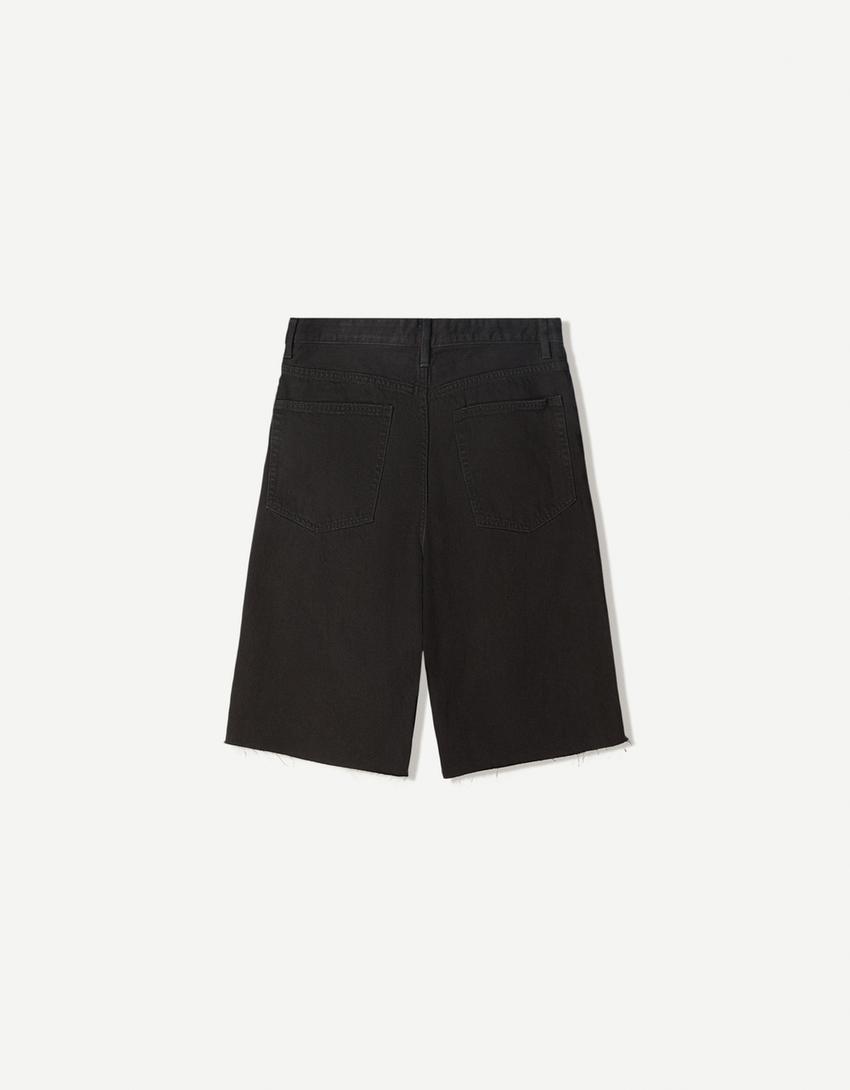 Baggy fit denim bermuda-Siyah-4