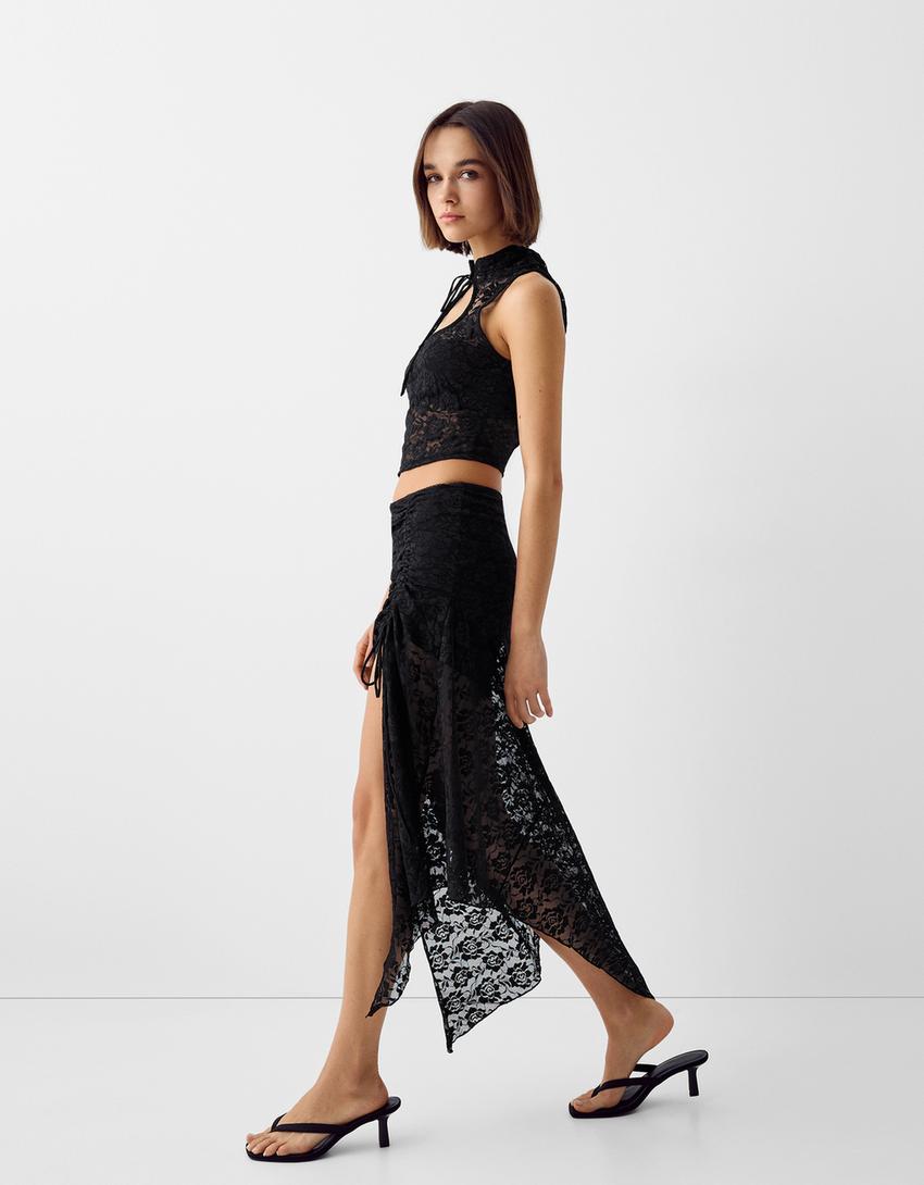 تنورة دانتيل متوسط الطول-أسود-3