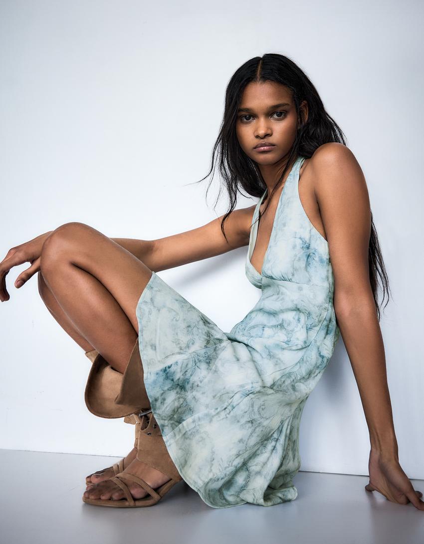 Printed halter mini dress-Blue