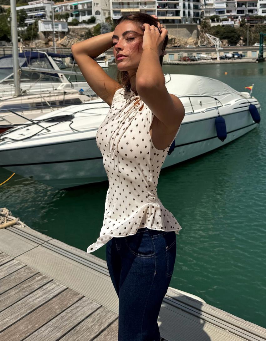 Tricou cu mânecă scurtă din tul cu animal print-Alb murdar