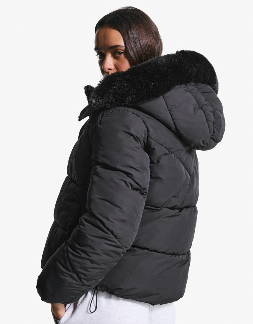 Puffer jacket with faux fur hood-Black-1