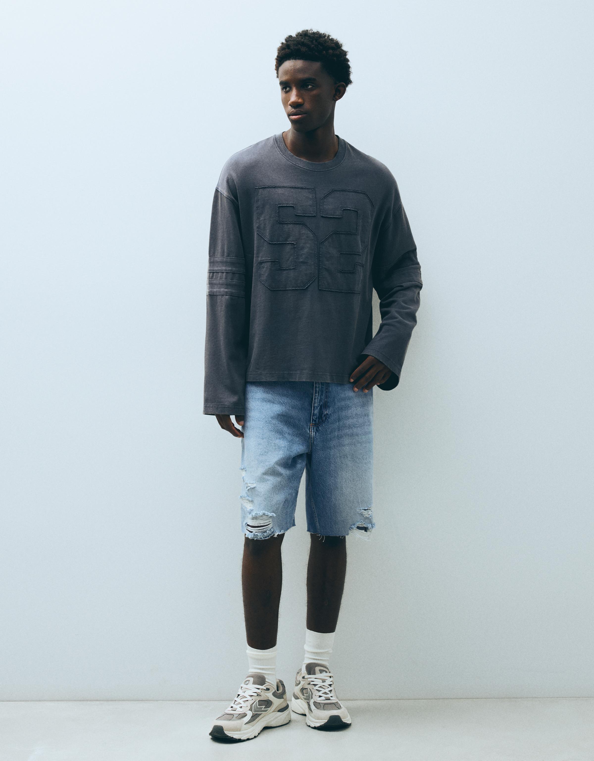 Bershka Bermudas Denim Rotos Hombre Azul