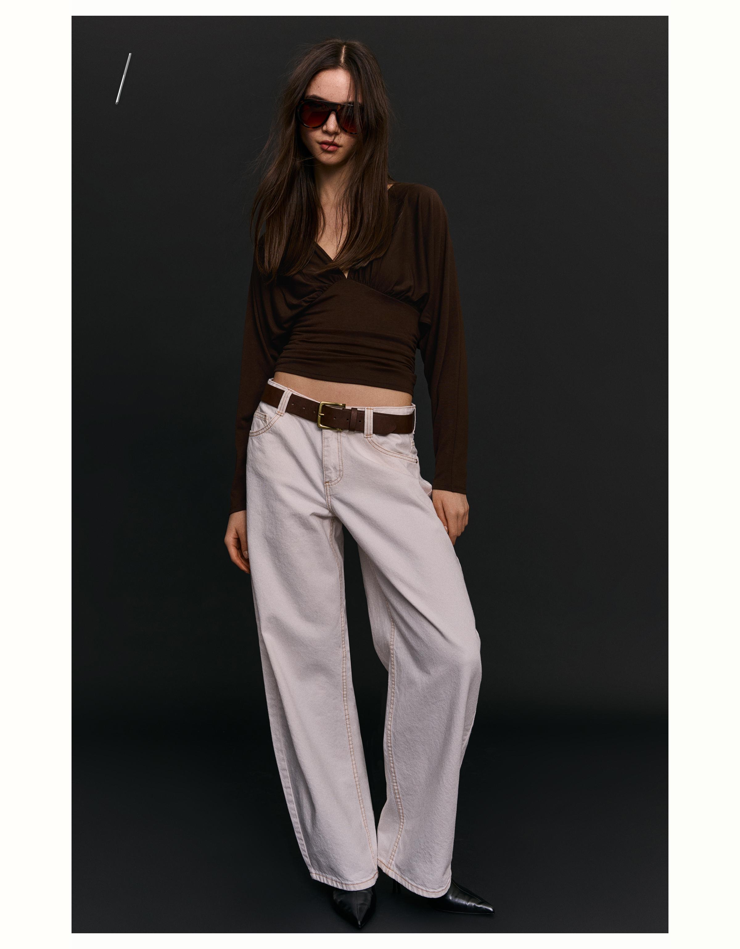 Long-sleeve ruched T-shirt — Brown