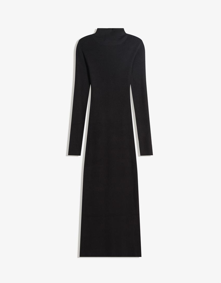 Vestido midi de nervuras com gola alta-Preto