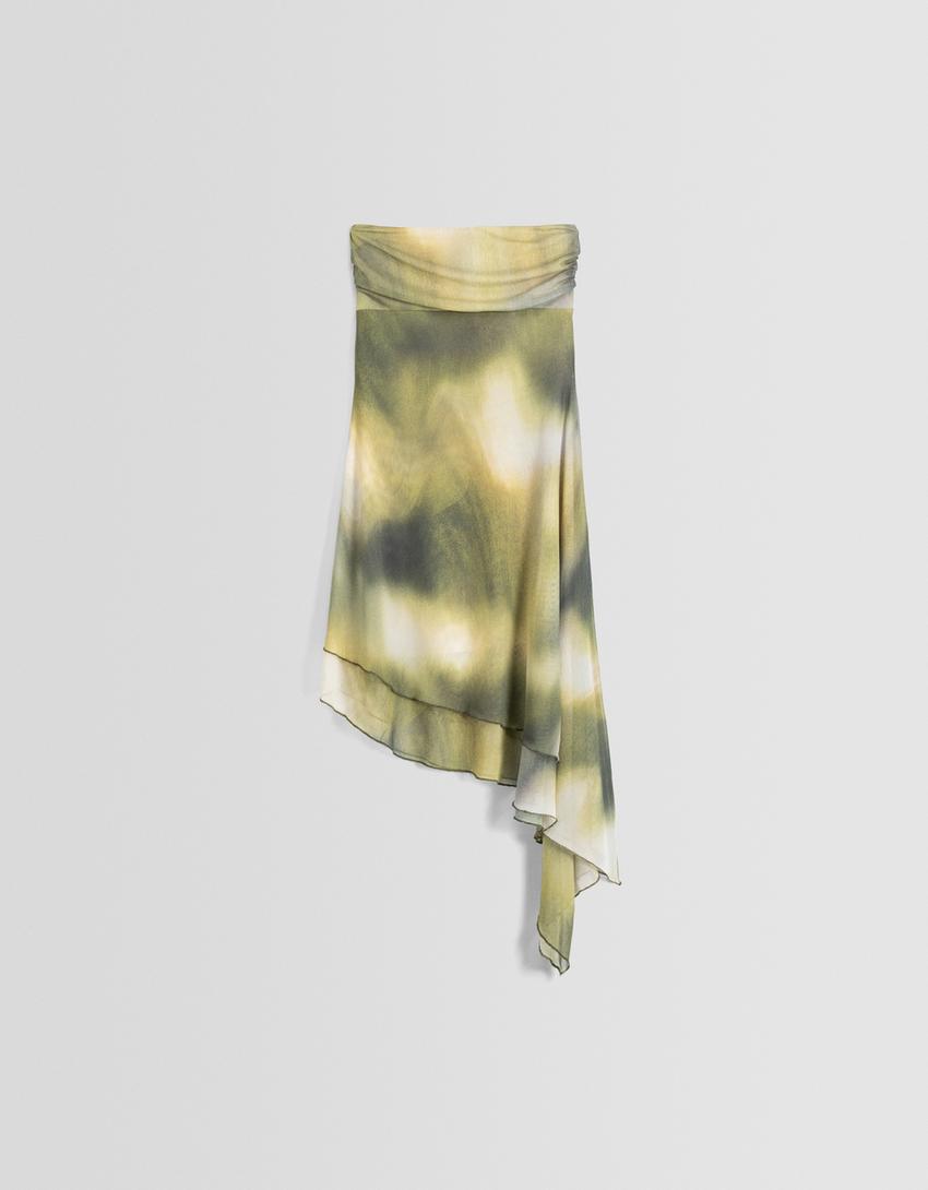 Asymmetric tie-dye print bandeau midi dress-Green-4