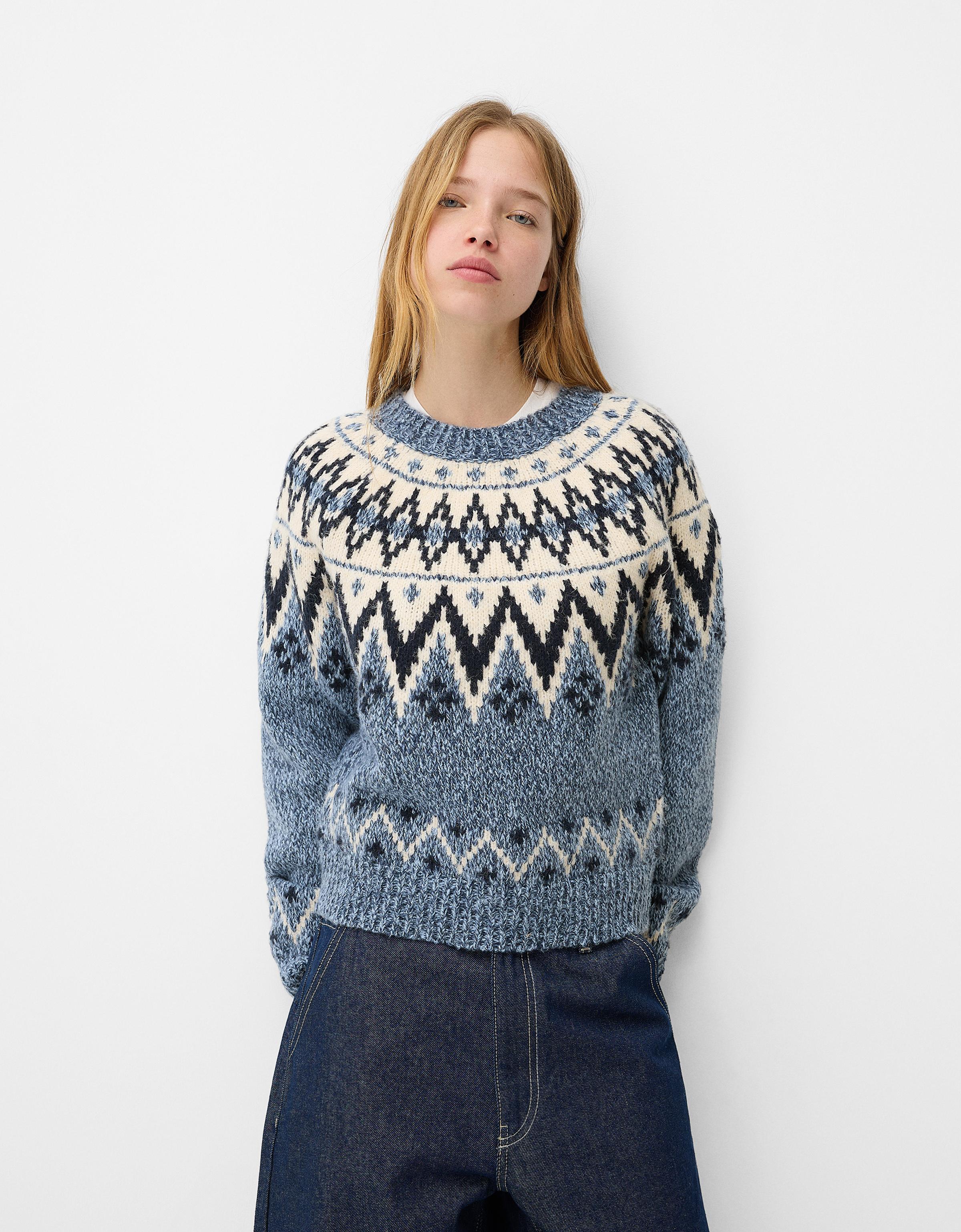 Bershka Pullover Aus Jacquard Mit Print Damen L Blau