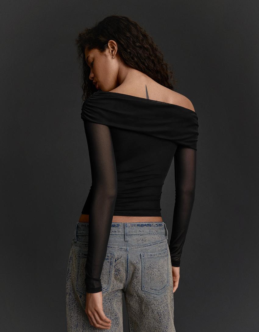 T-shirt asymétrique en tulle à manches longues-Noir