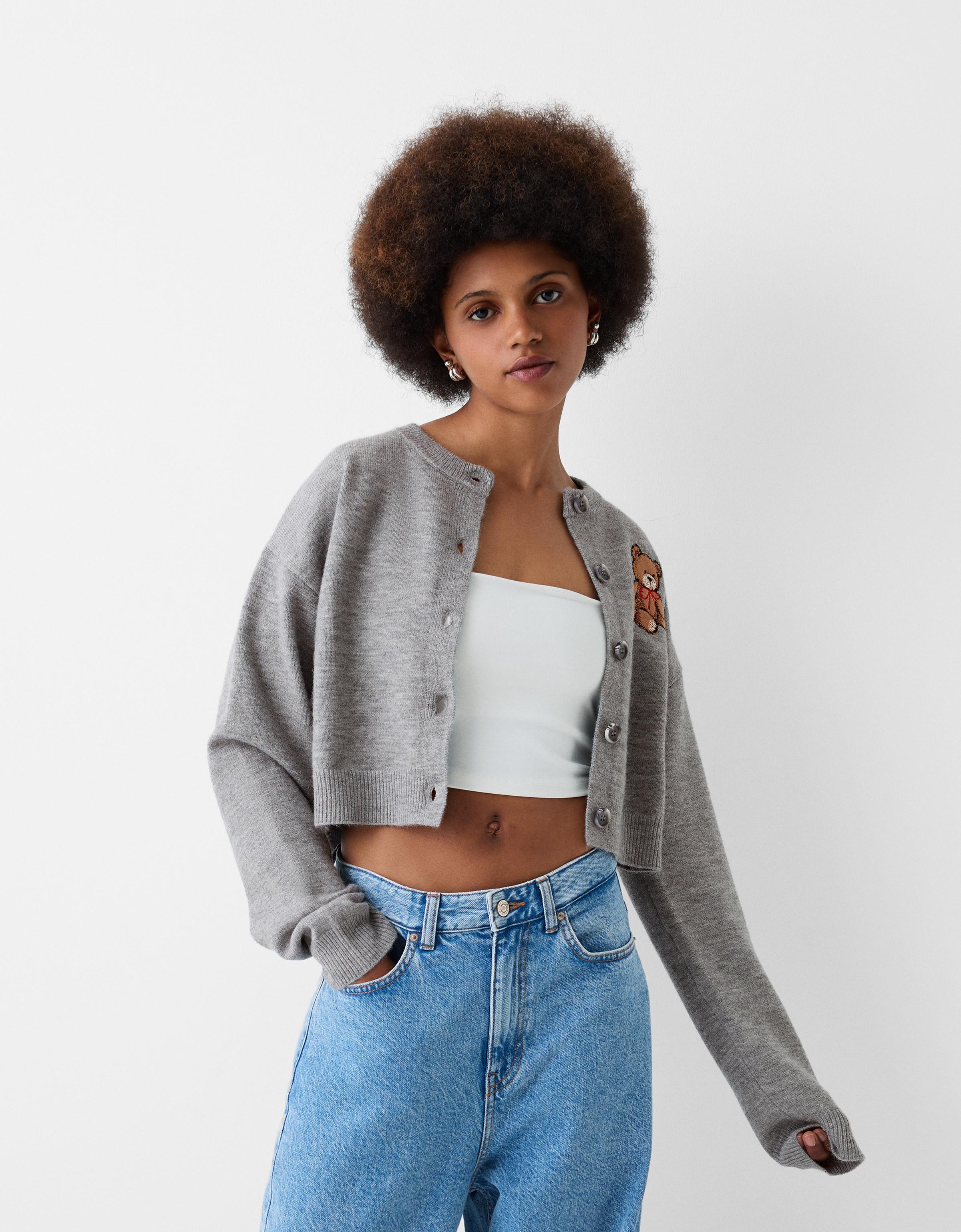 Button up cardigan with bear detail Sweatshirts and sweaters Women Bershka