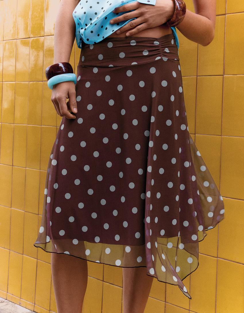 Asymmetric polka dot midi skirt-Brown