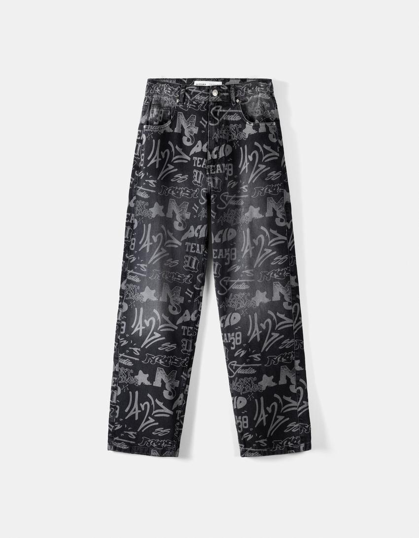 Щамповани дънки с разпусната кройка-Черно-4