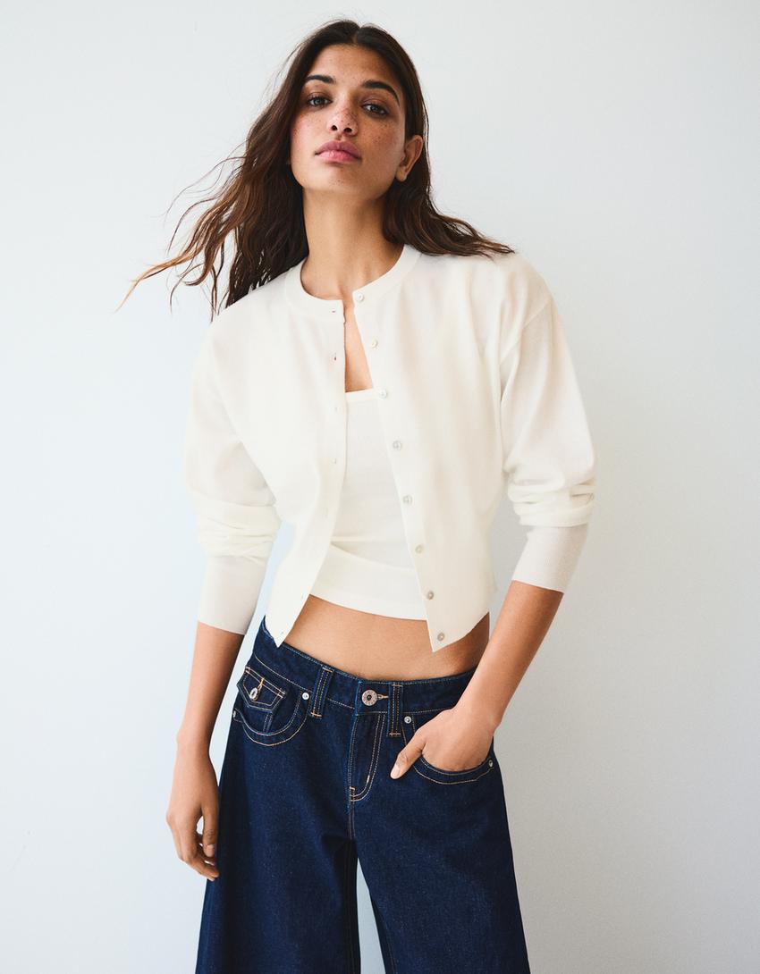 Striped crew neck button-up jacket-Cream