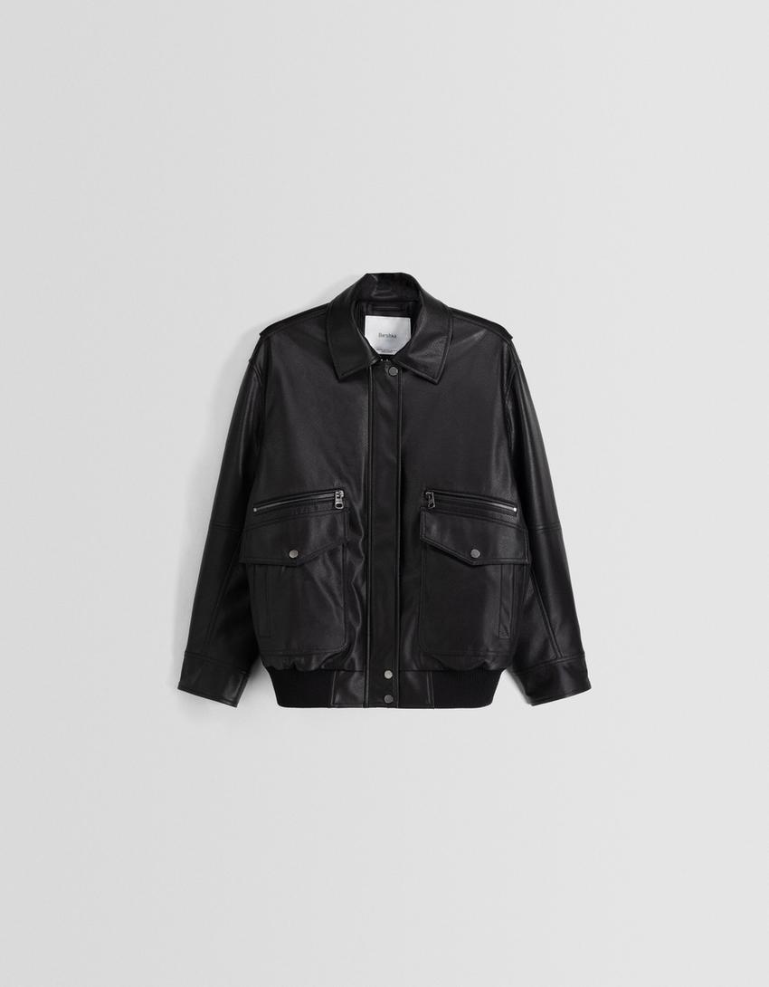 Leather effect oversize dad fit jacket-Black