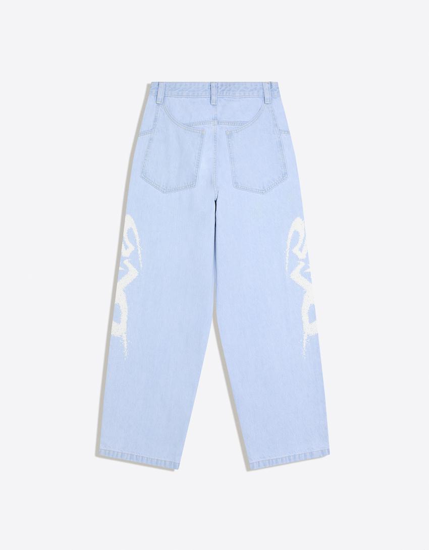 Jeans super baggy fit stampa laterale-Azzurro Chiaro