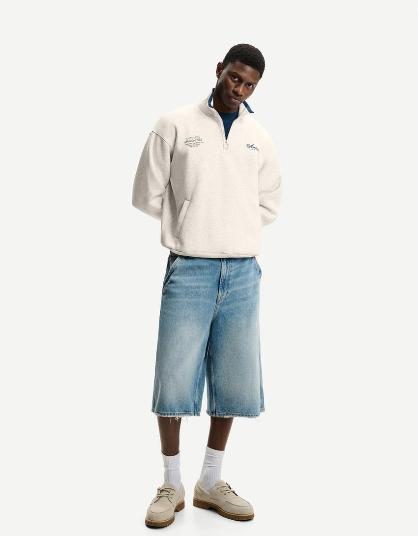 Baskılı fermuarlı sweatshirt-Gri-3